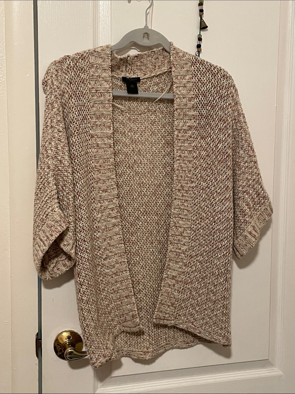 Anne Taylor Cozy Open-Front Short-Sleeve Cardigan Sweater - Cream & Brown
